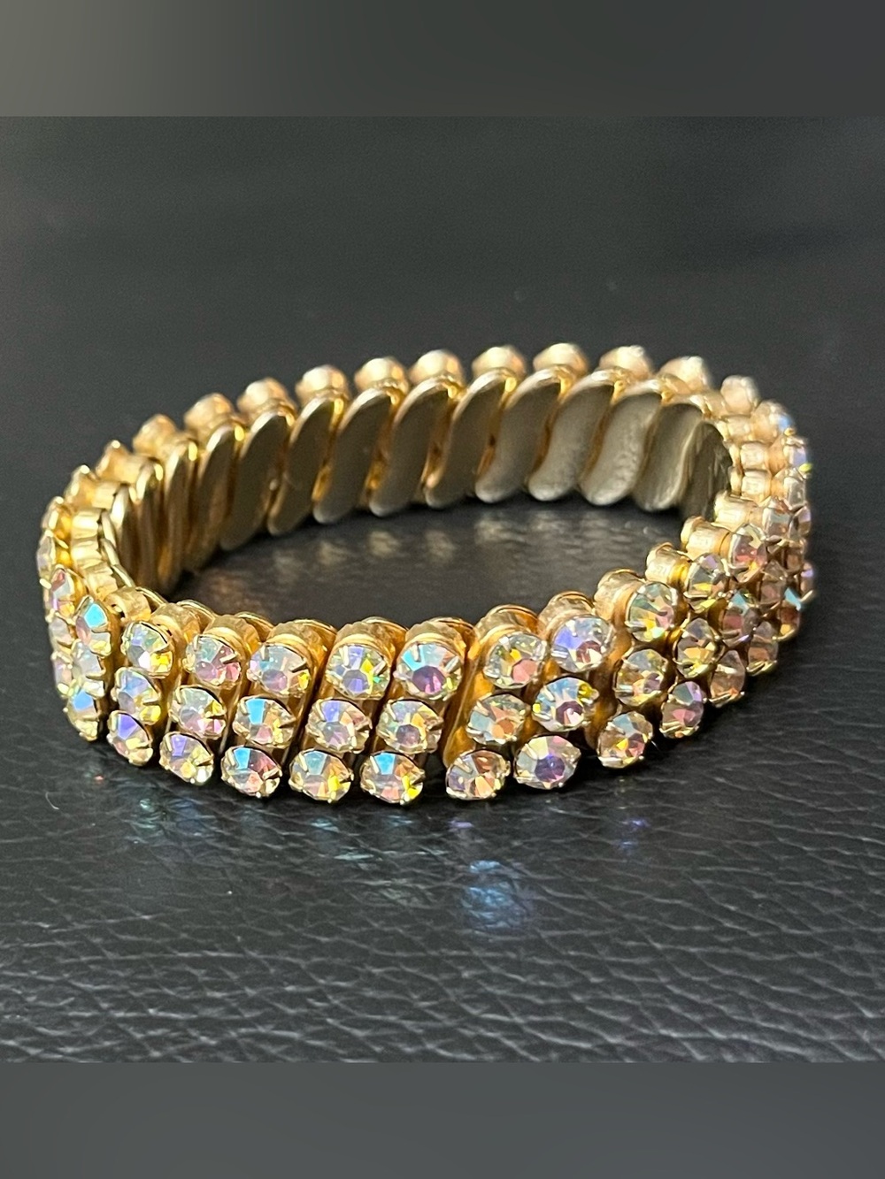 Vintage Golden Aurora Borealis Crystal Stretch Bracelet - Women Jewelry